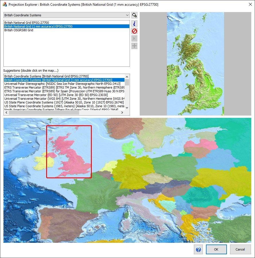 Countries are displayed as colored polygons and help provide guidance when using the spatial search feature to acquire a suitable coordinate system.