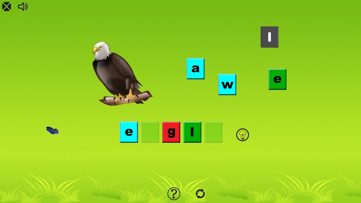 Game: spell it - can you spell 'eagle'? Click image to hear sound, click bulb for hint.