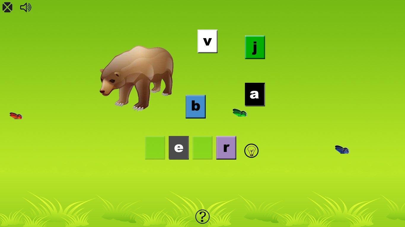 Game: spell it - can you spell 'bear'? Click image to hear sound, click bulb for hint.