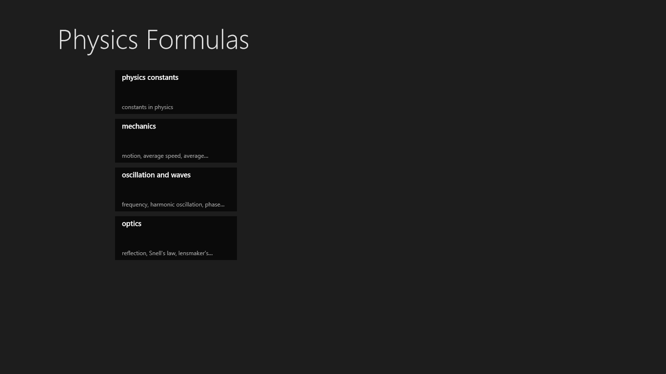 Start screen with all formulas by category.