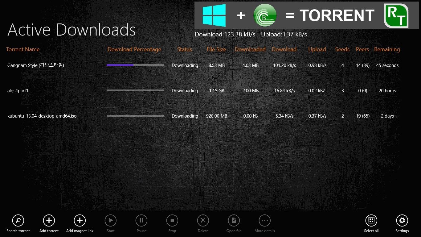 TorrentRT can download torrents to Windows 8/RT device