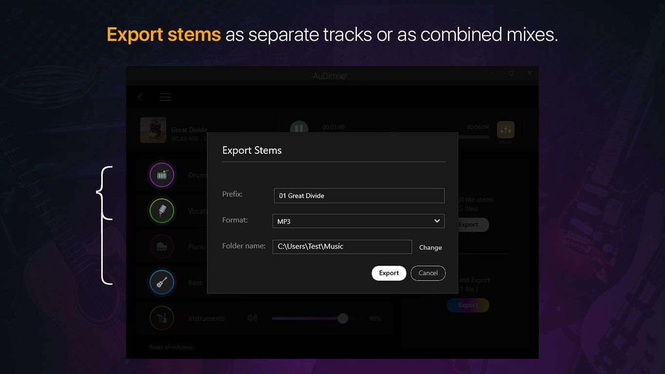 Export stems individually or create mix