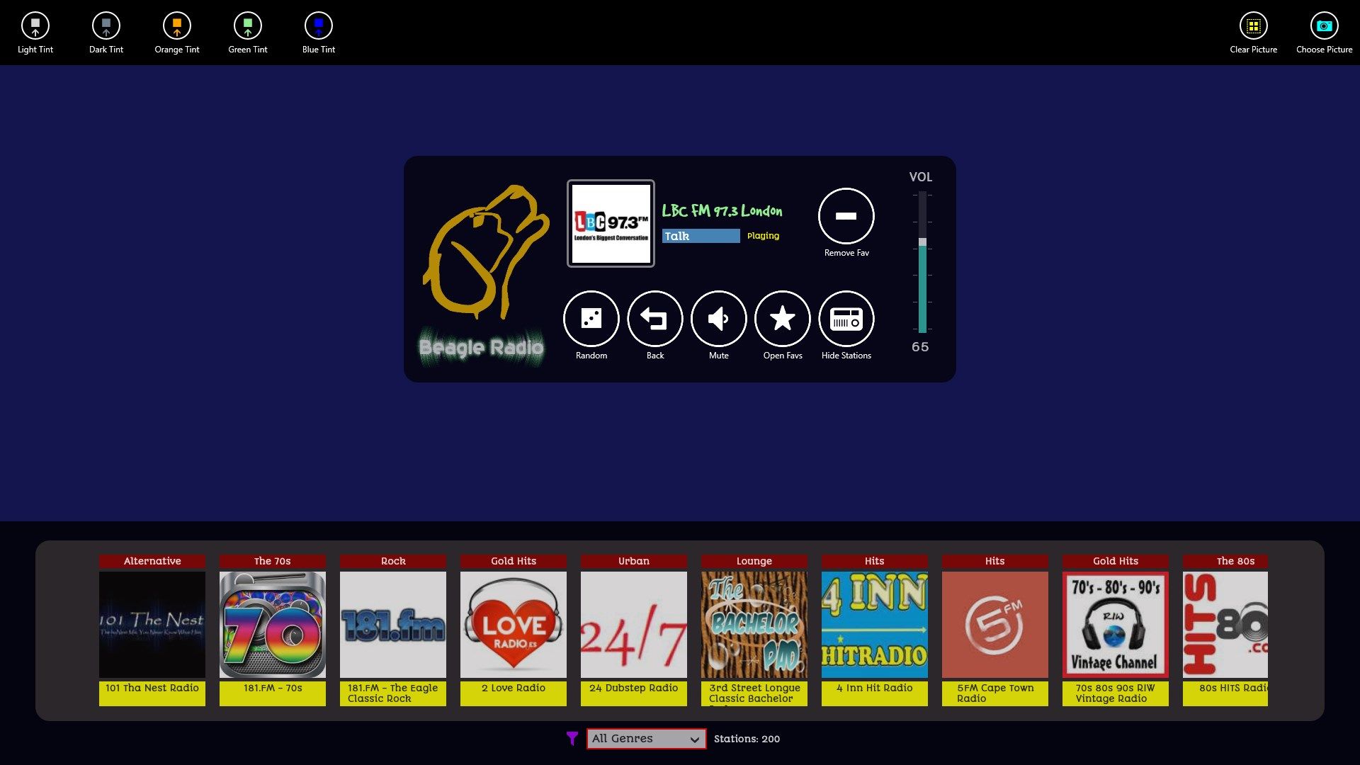 Choose your station from scrolling menu or random choice button, also change your color scheme to suit your mood