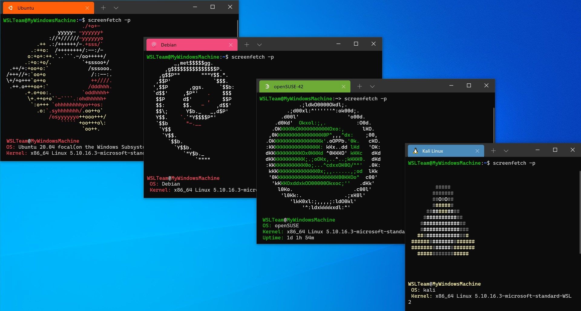 Windows Subsystem for Linux distributions arranged on the Windows Desktop