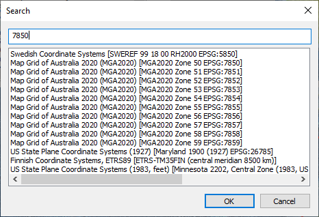 You can type an EPSG code or any text string into the search dialog to find suitable coordinate system definitions.