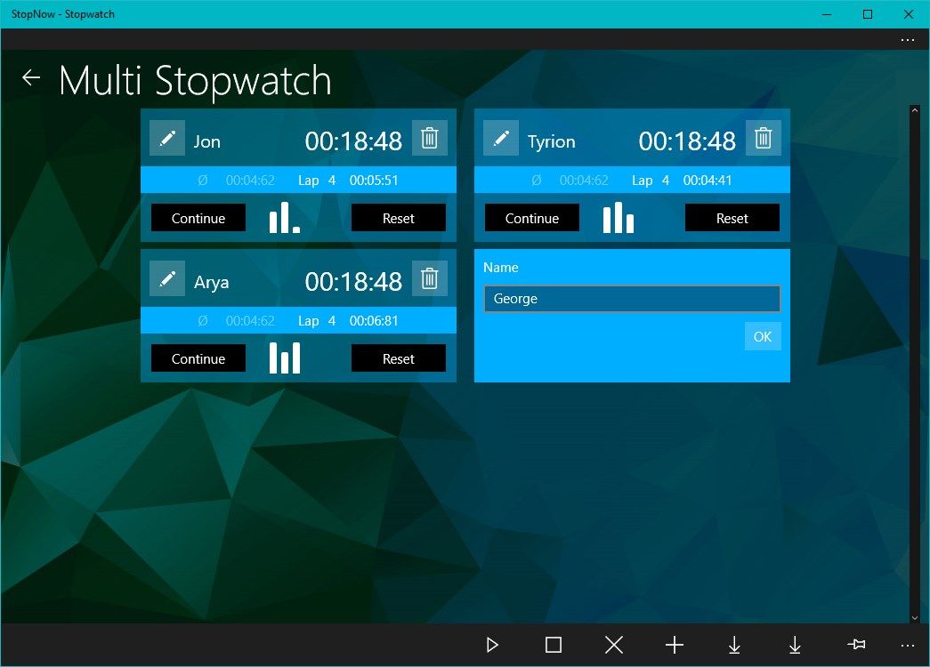 In the multi stopwatch mode you can add, delete or rename multiple stopwatches. The stopwatches can be started and stopped individually or simultaneously. Lap times are recorded and can later be exported to Excel.