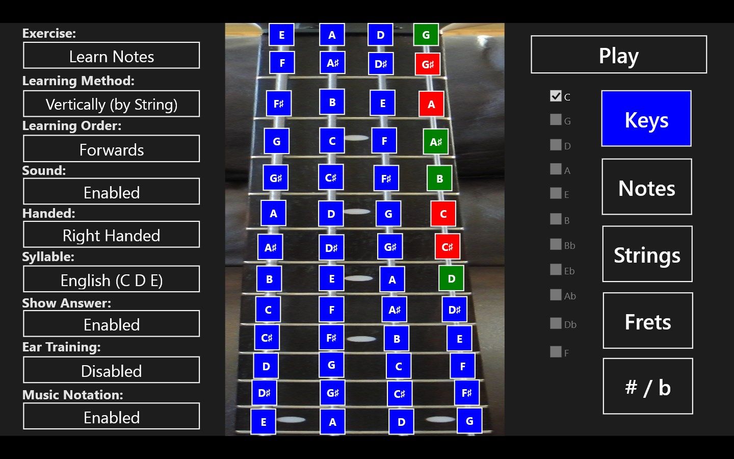 Setup the fretboard by touching the frets or use the presets on the right.  Also monitor your progress with color coded fret statistics