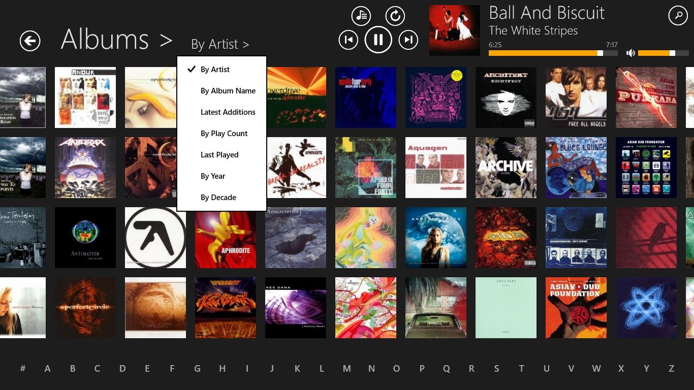 Albums view with "Cover Wall" style, sort options and alphabetical index