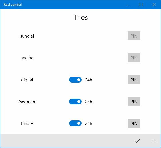Tiles manager page (accessible from Settings page). You can switch between 12 hours and 24 hours clock.