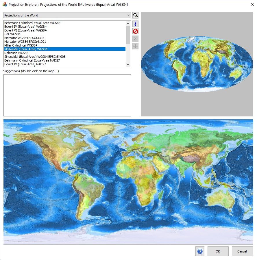 The Projection Explorer dialog showing a preview of the Mollweide projection.