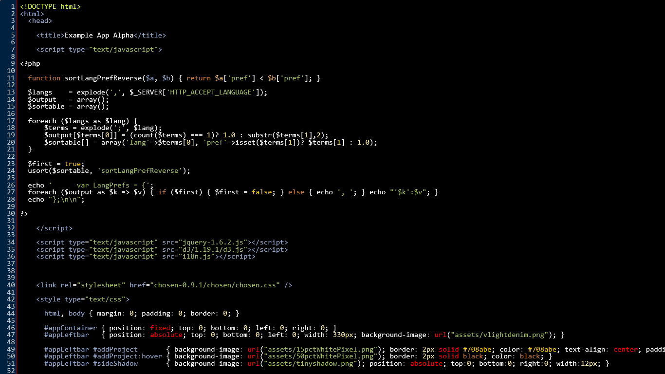 PHP, HTML and CSS highlighting together on one screen.  This screenshot uses the "Dark Contrast" theme.