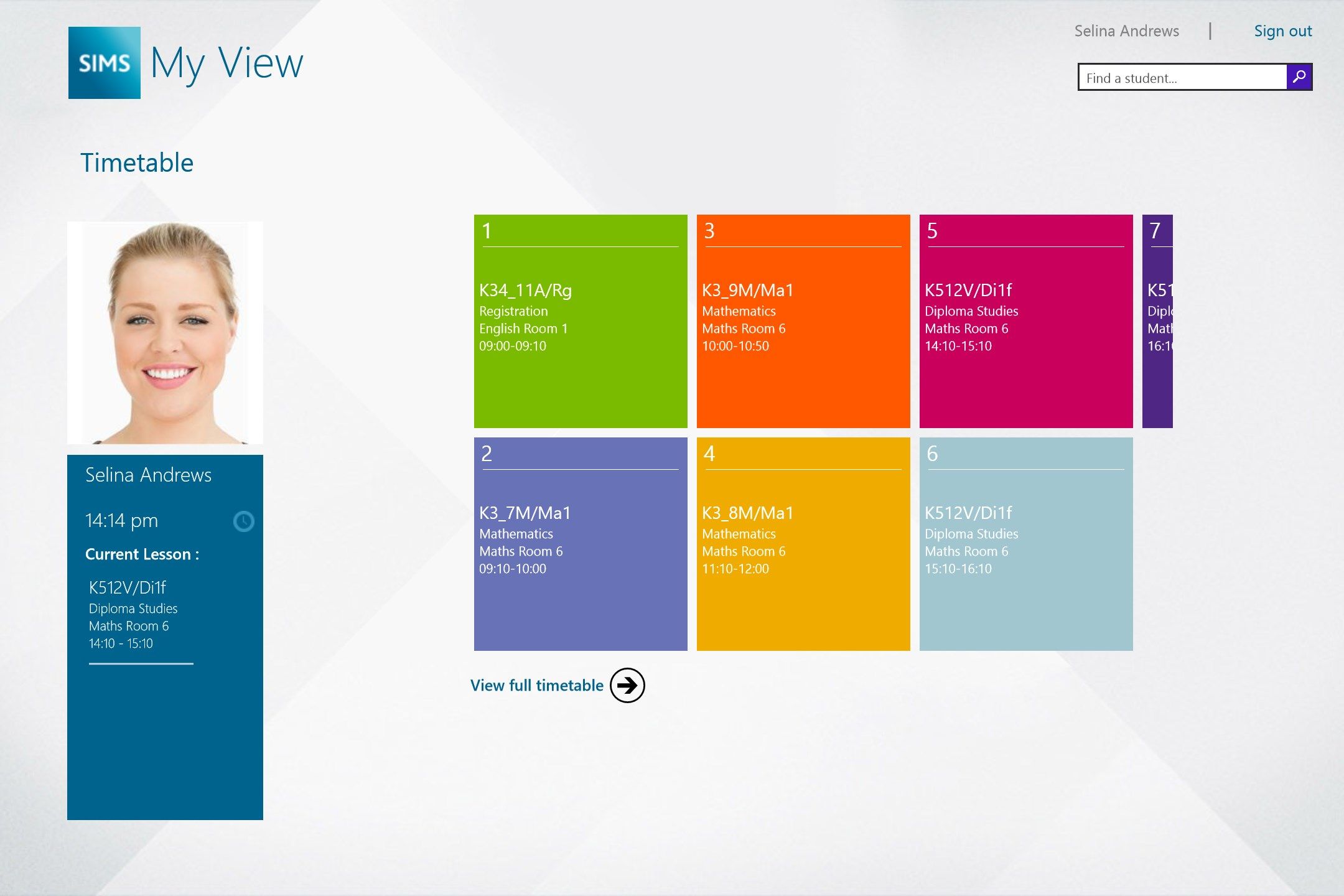 My View – the teacher hub screen allows quick-view of today’s lessons and the current lesson in progress