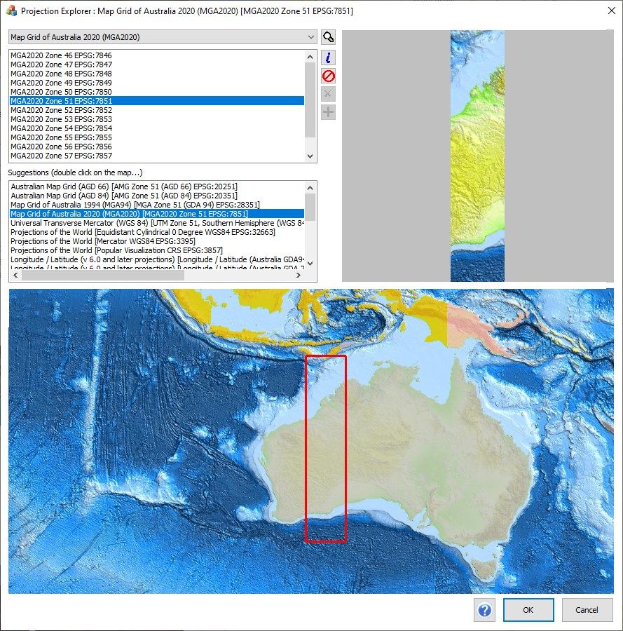 Using the Projection Explorer to find a suitable coordinate system for Kalgoorlie (Western Australia), by double-clicking on the world map and selecting one of the candidates offered.