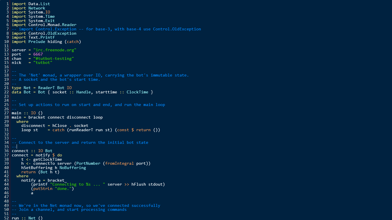 This is a Haskell IRC bot, highlighted in the Gemstone theme.