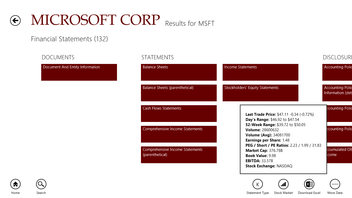 Access over 100 financial statements for Microsoft (MSFT)