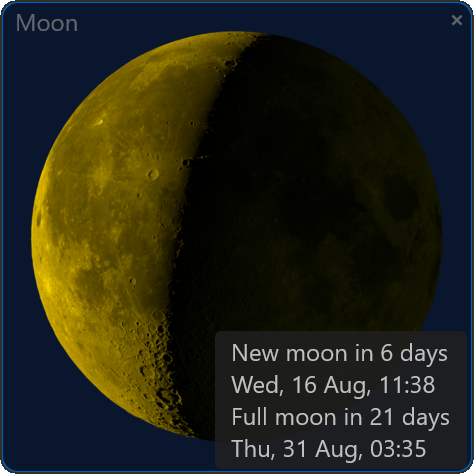 show exact moon phase and days til next full/new moon, with live picture