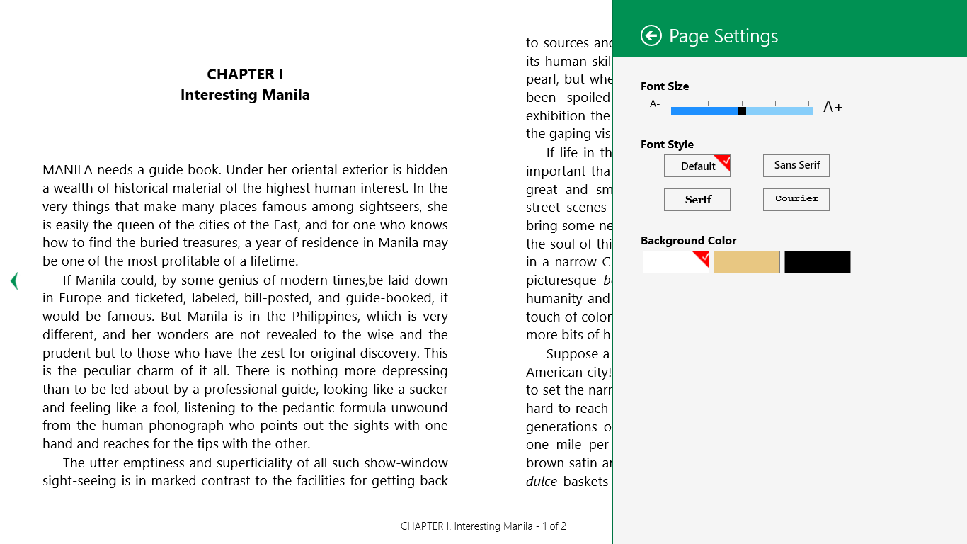 Customize book appearance according to your convenience by setting up desired font style, size, and background color.