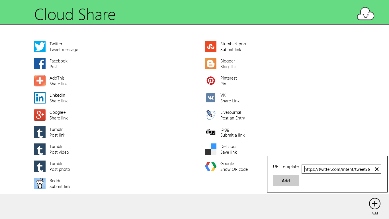 Start Cloud Share via its tile to add new sites. Provide the share URI and Cloud Share finds a logo, name, and description for you.