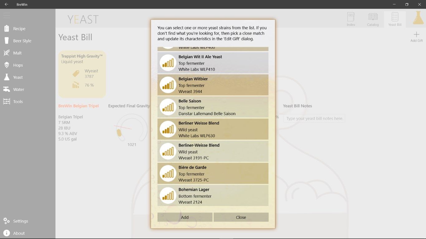 Easy dialogs for adding ingredients, mashing steps, or mashing profiles to your recipe.