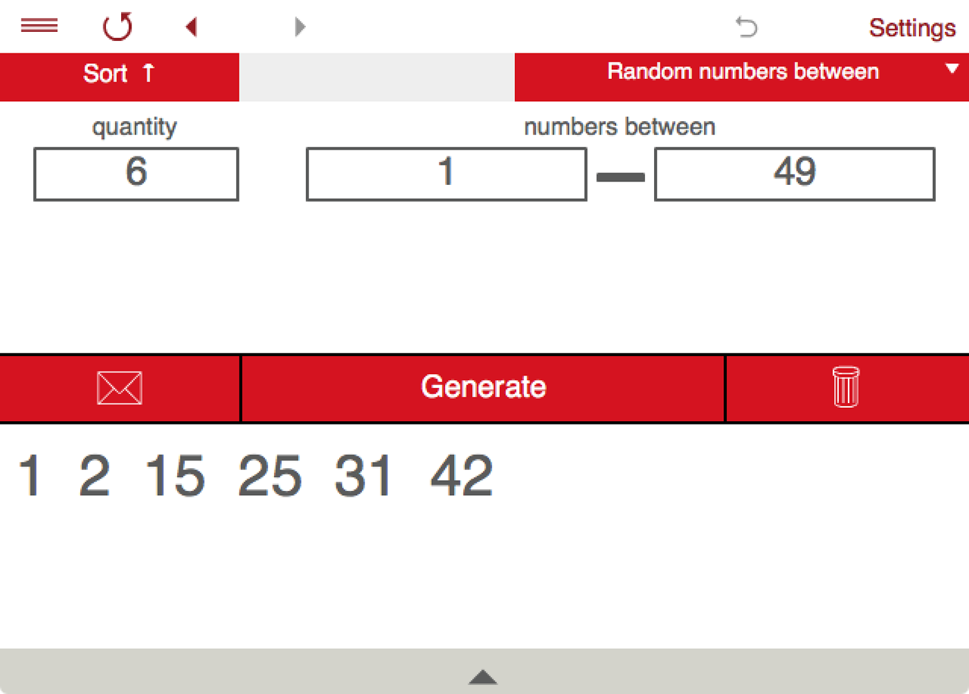 Generates up to 200 random numbers at once. Generated numbers can be sorted.