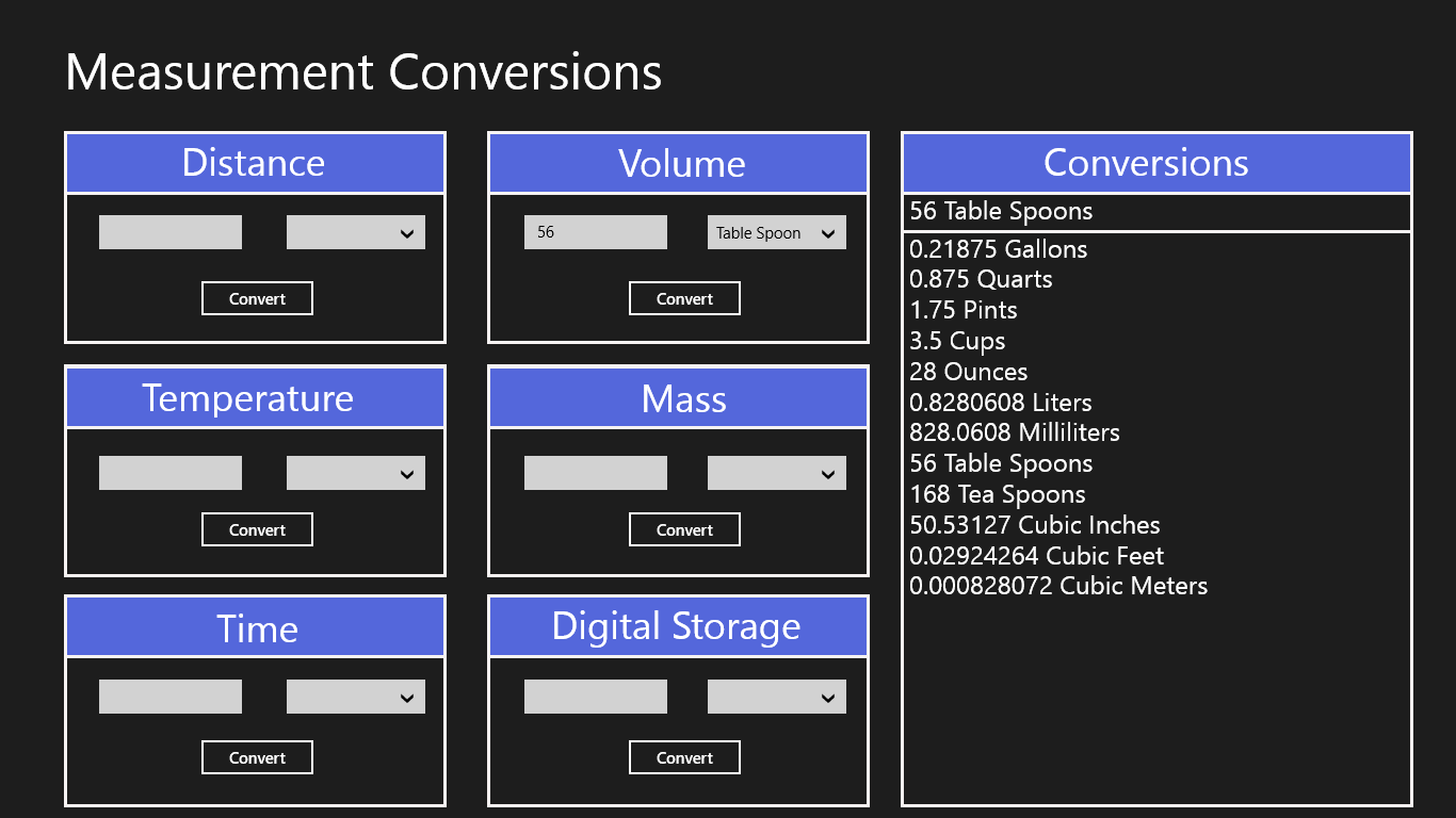 An example of the program displaying conversions