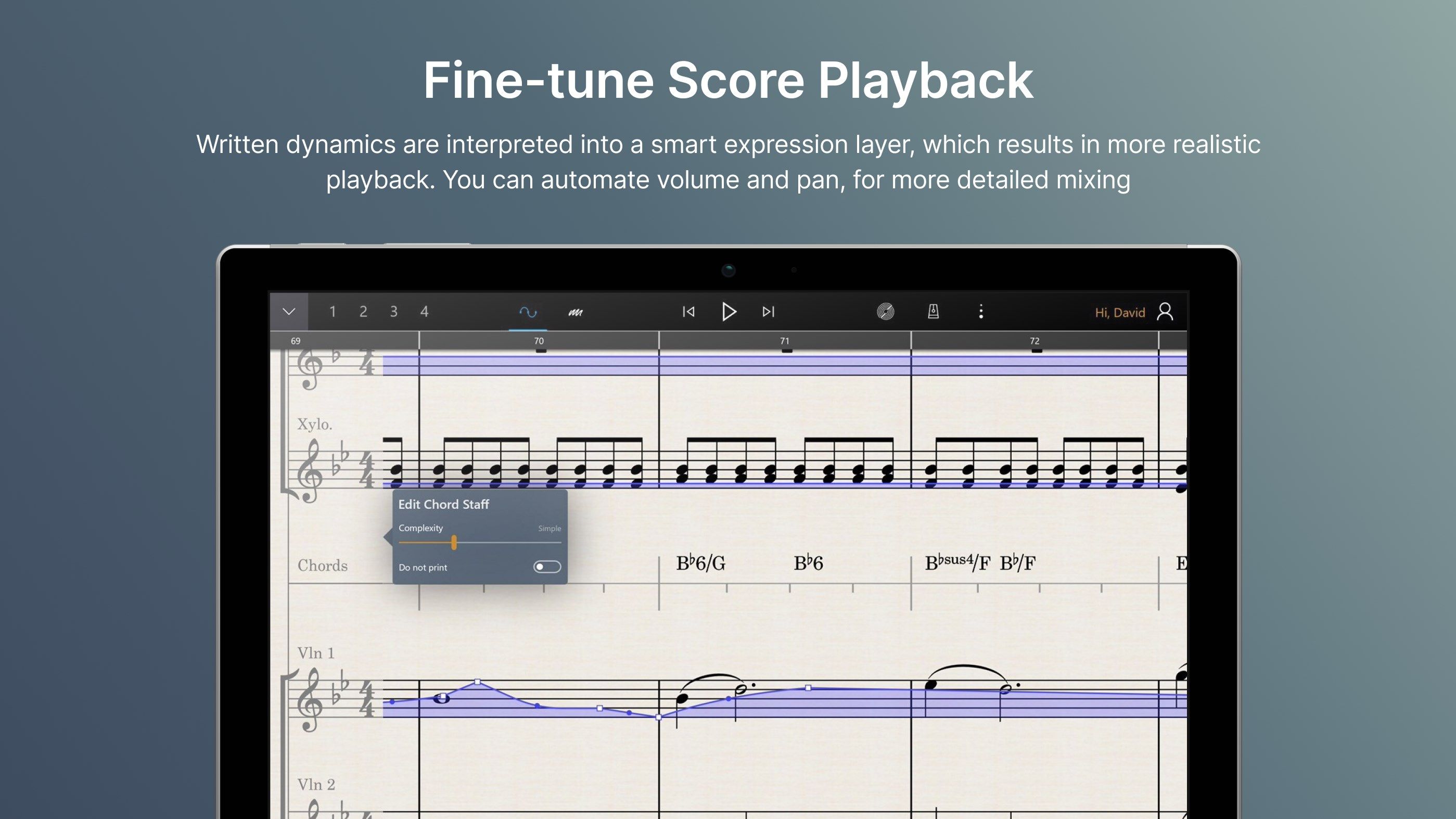 Fine-tune Score Playback: Written dynamics are interpreted into a smart expression layer, which results in more realistic playback. You can automate volume and pan, for more detailed mixing