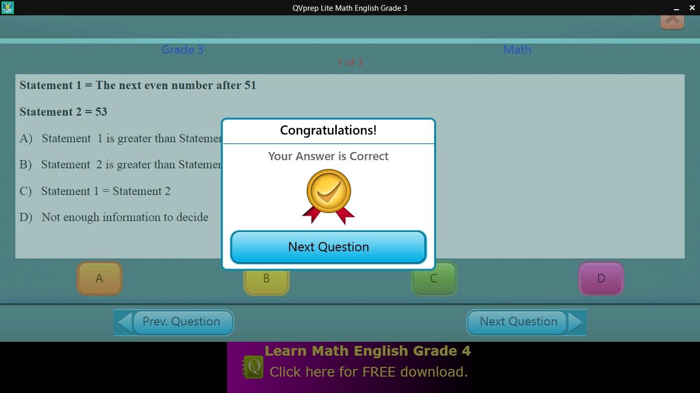 Math test - Correct Answer Screen