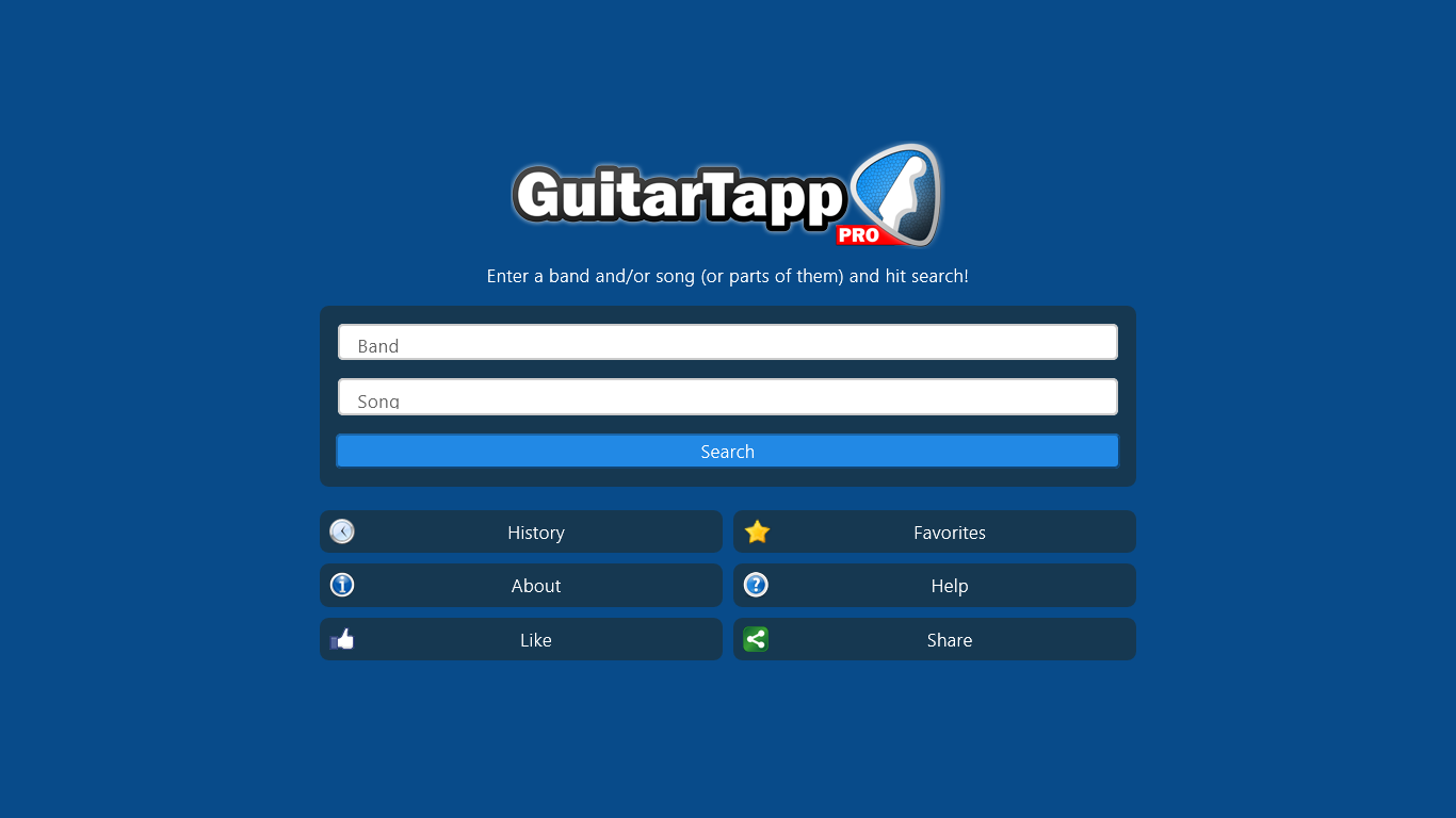 GuitarTapp home screen: quickly find any band or song