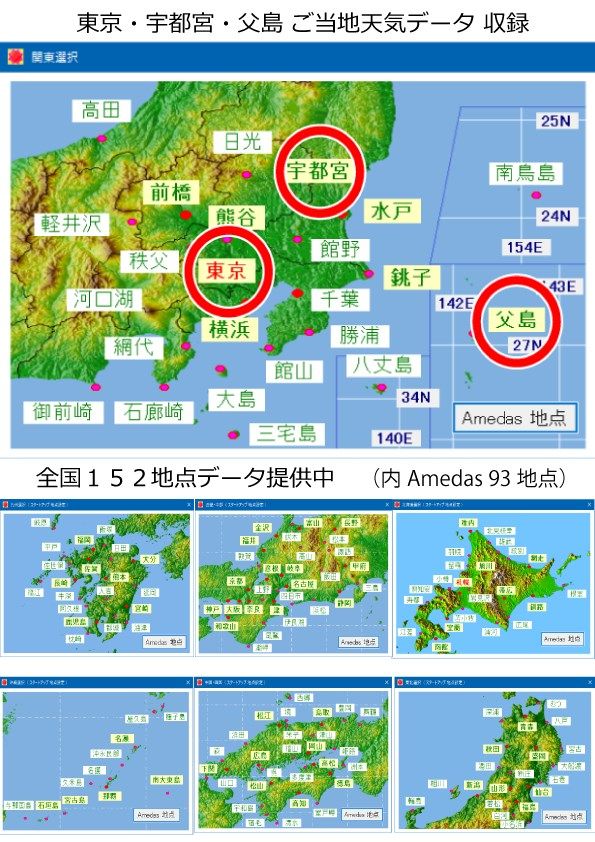 全国１５２地点の中から、東京・宇都宮・父島の３地点の「統計天気」データを見ることが出来ます。