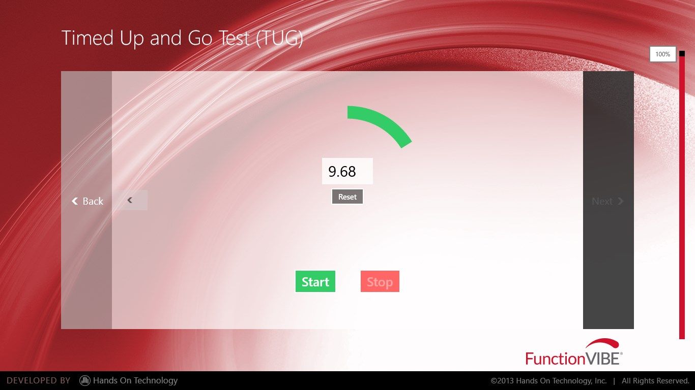 Shows a sample screen where the patient is being timed on a functional test.