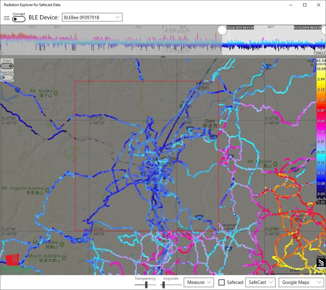 Selected data points in Fukushima area and display only latest measurements. Radiation levels are declining!