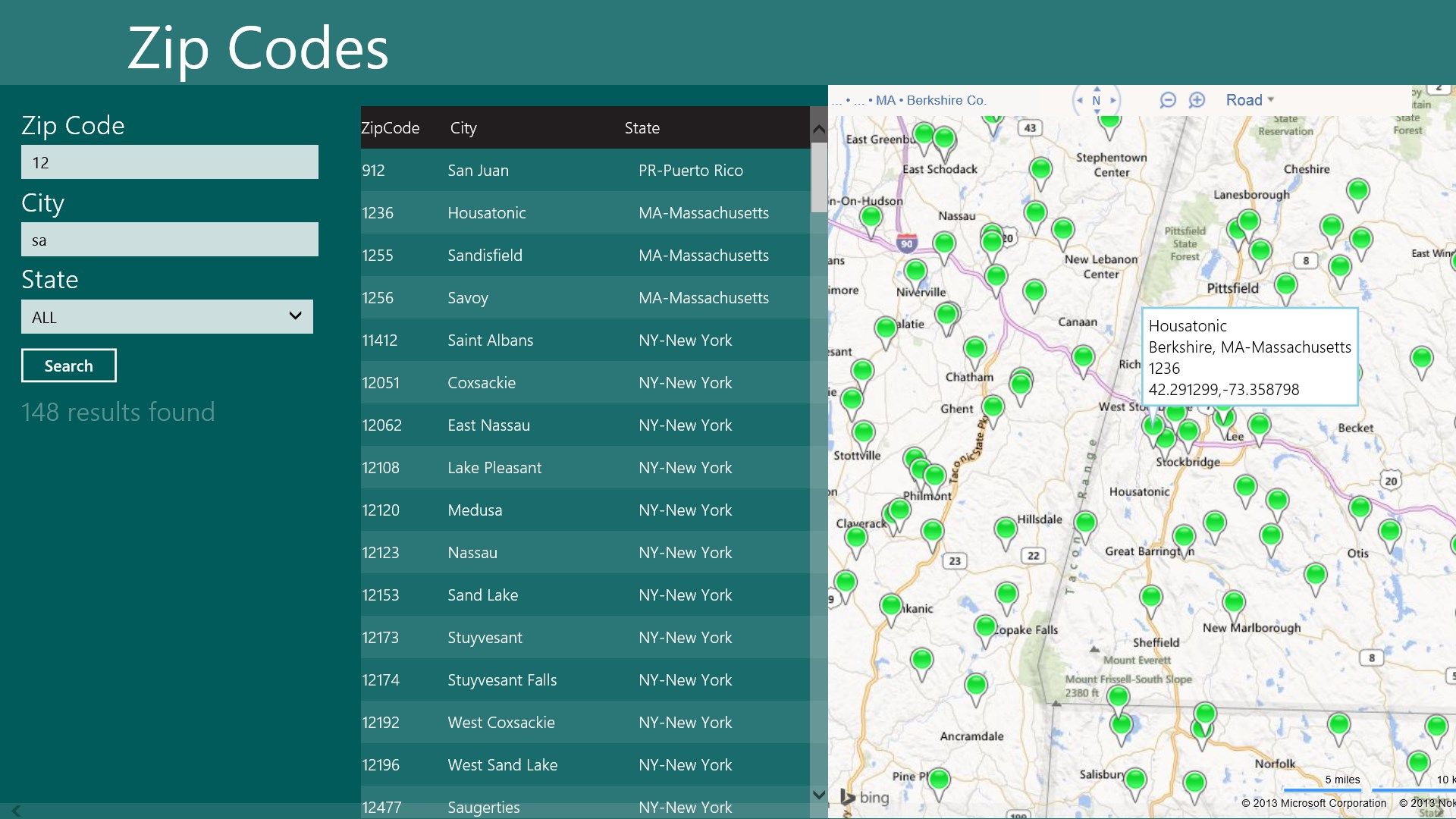 Search based on zip code or city or state