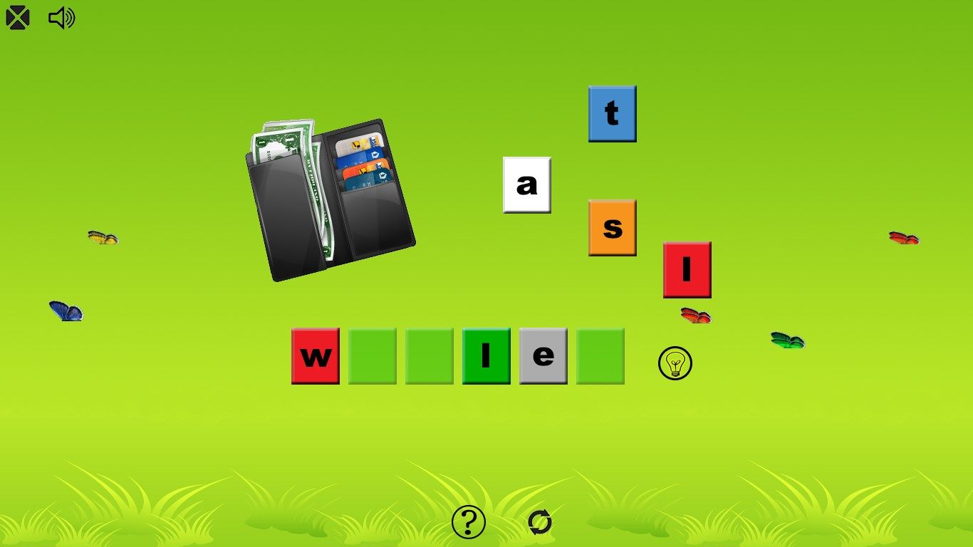 Game: word it - drag letters to write "wallet"; click bulb for hint; click image to hear sound of word; click letters to hear sound they make