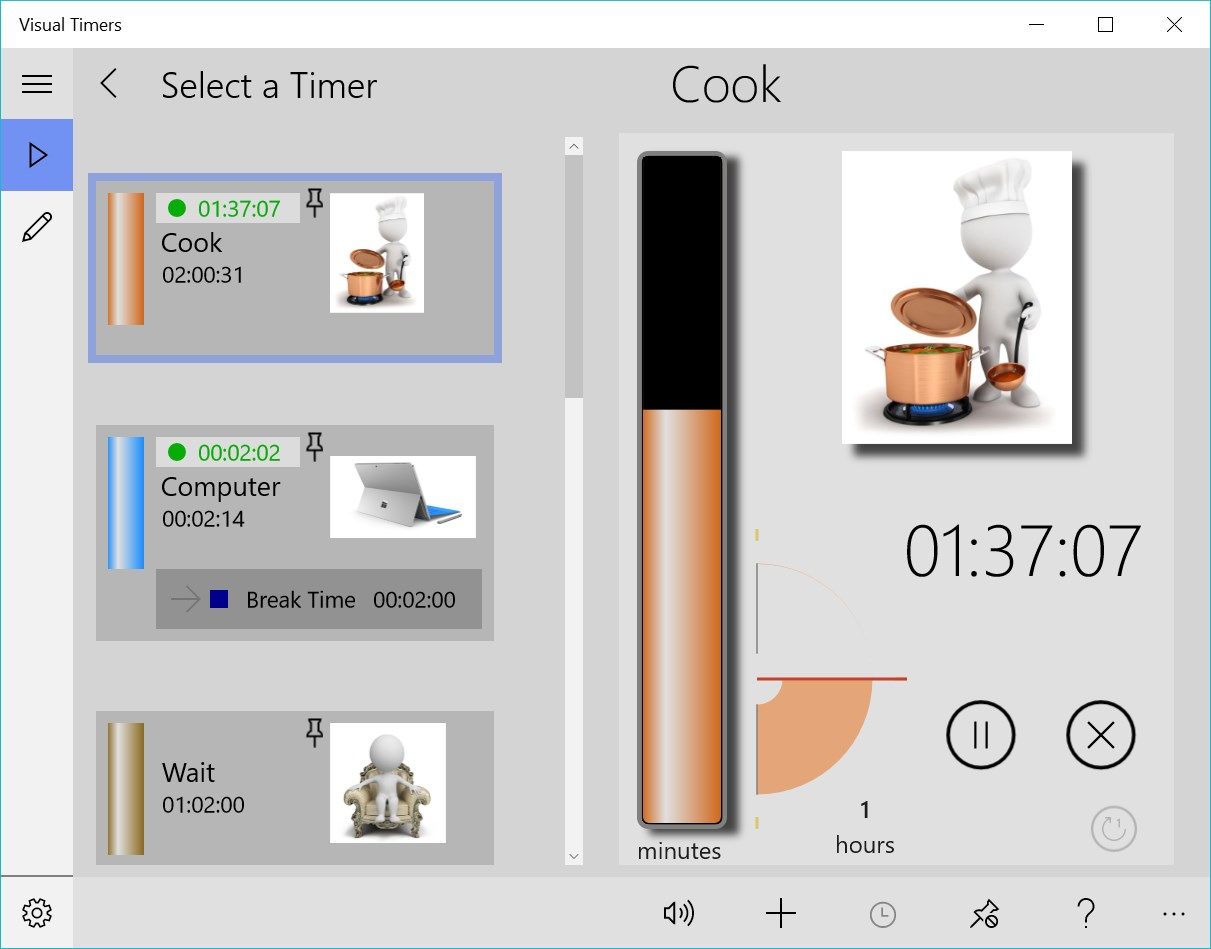 Multiple timers counting down at the same time. You can extend the time (press "+") for an active timer ("Cook" in this case).