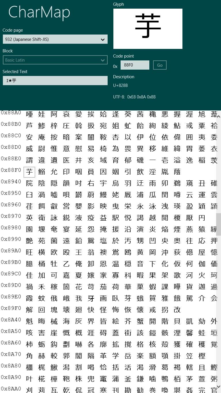 Shift-JIS character map in the portrait mode.