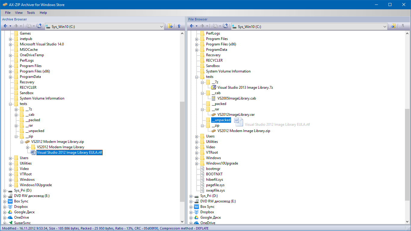 For unpacking of archive or extraction of file from it - just drag them to the target folder File Browser.