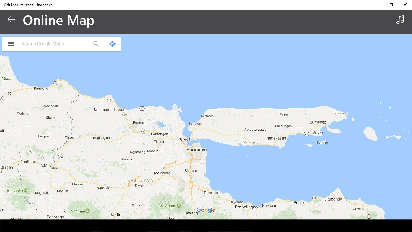 This application is also available for online map that offers users to use the map easily. With the navigation to help the direction to go to the destination in Madura, the users can choose the place where to go.