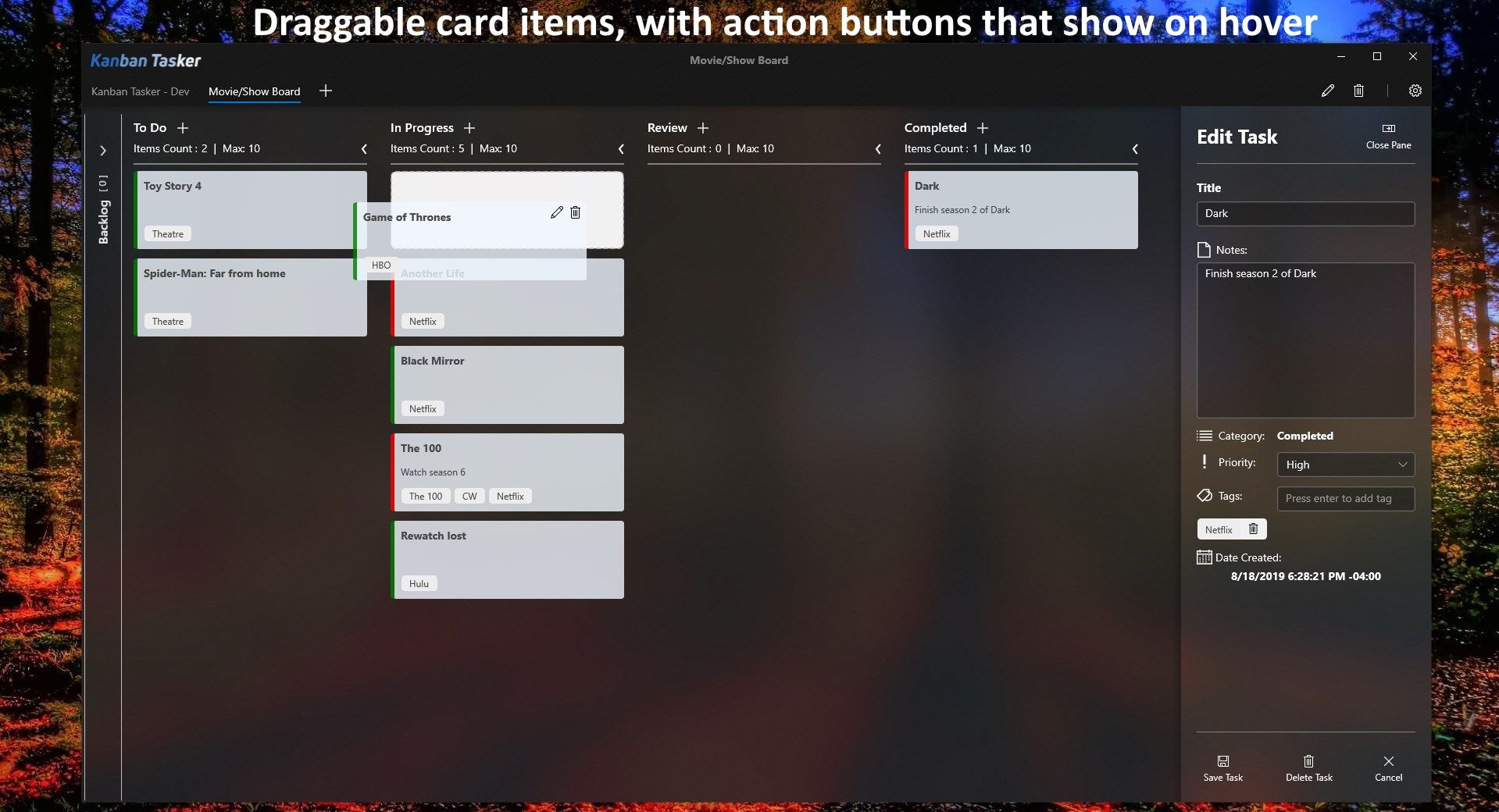 Draggable card items, with action buttons that show on hover over a card