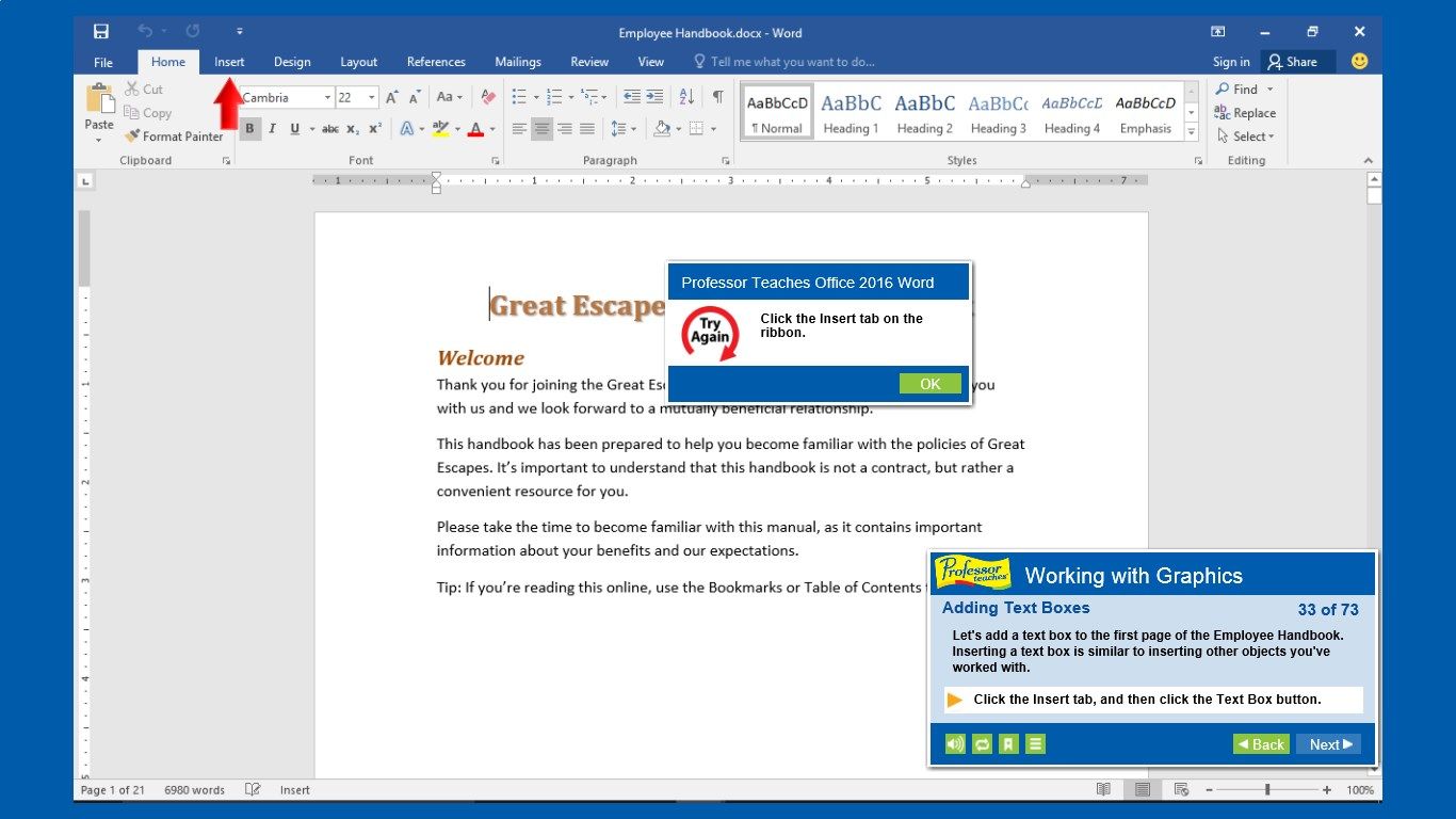 Learn how to add text boxes and work with graphics in Professor Teaches Word 2016.