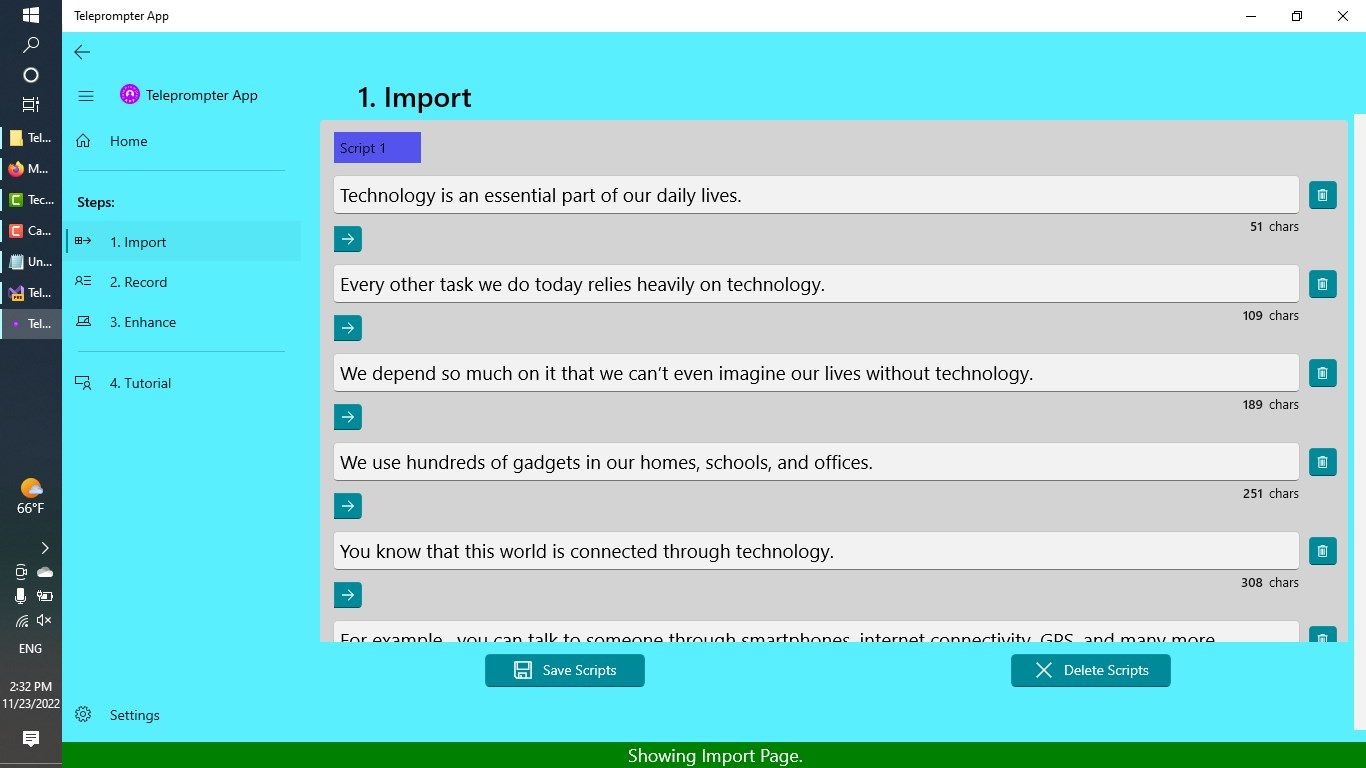 Import Screen - Script Editor. Here, sentences can be added, modified, or deleted. A script can be split into multiple scripts.