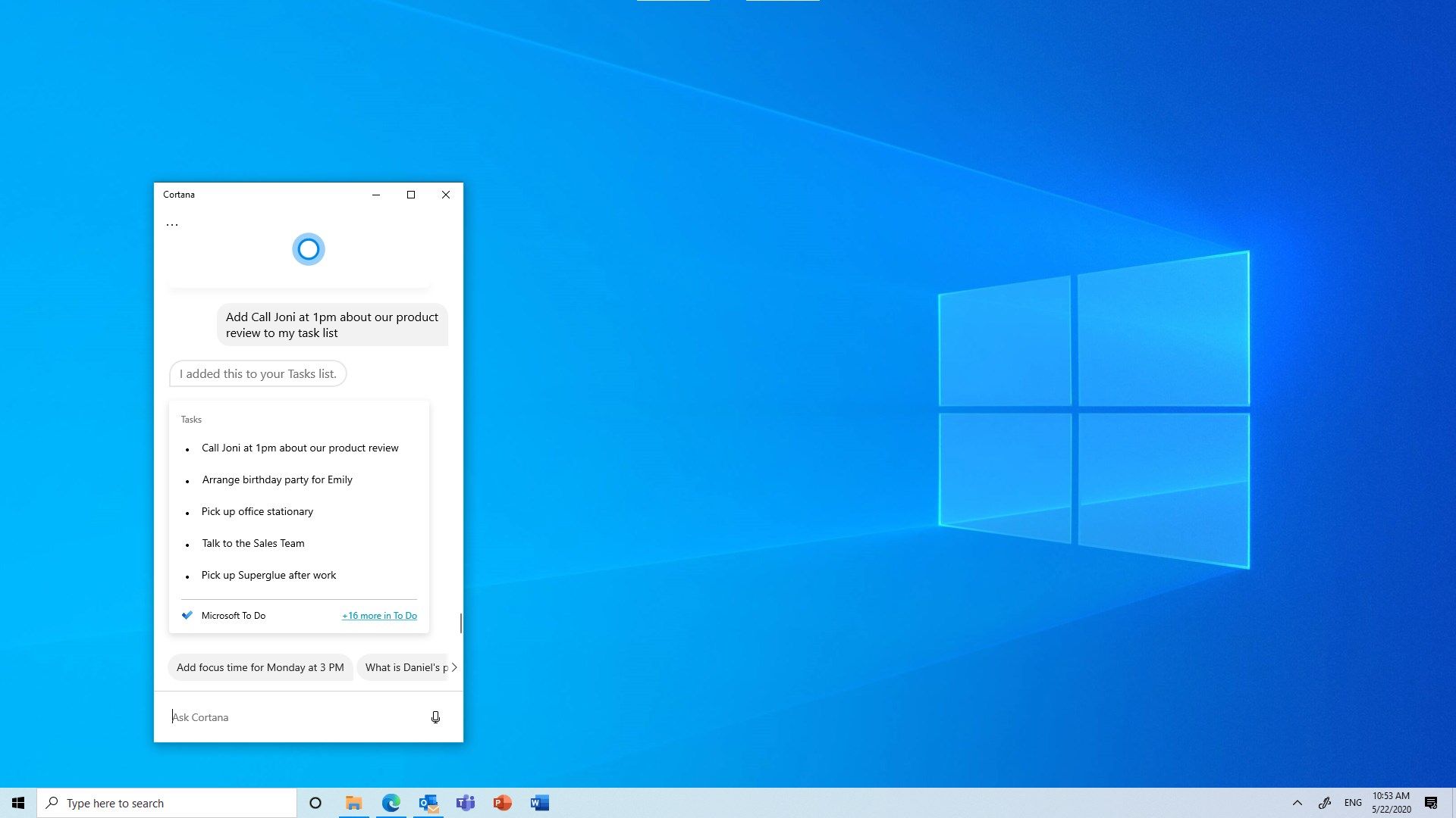 Cortana can help you create, modify and add new tasks to your lists.