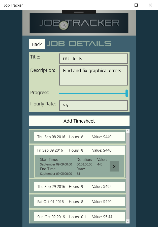 Clicking on a job brings you to its details section, where you can see in depth information about your work history.