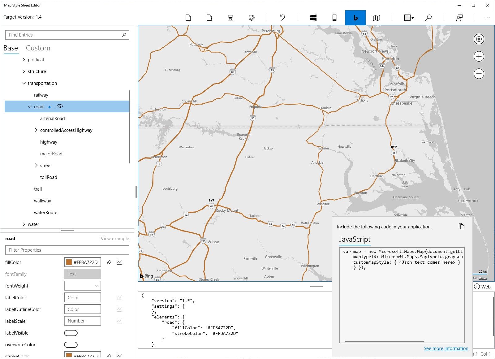 Screenshot showing Bing Maps V8 Web Control
