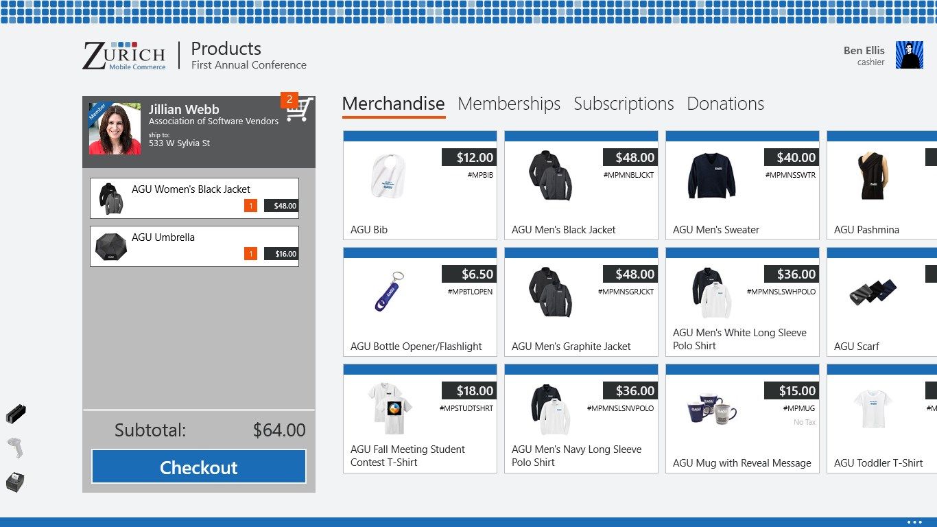 Product Catalog - Add various types of products to the cart including merchandise, memberships, donations, and more.
