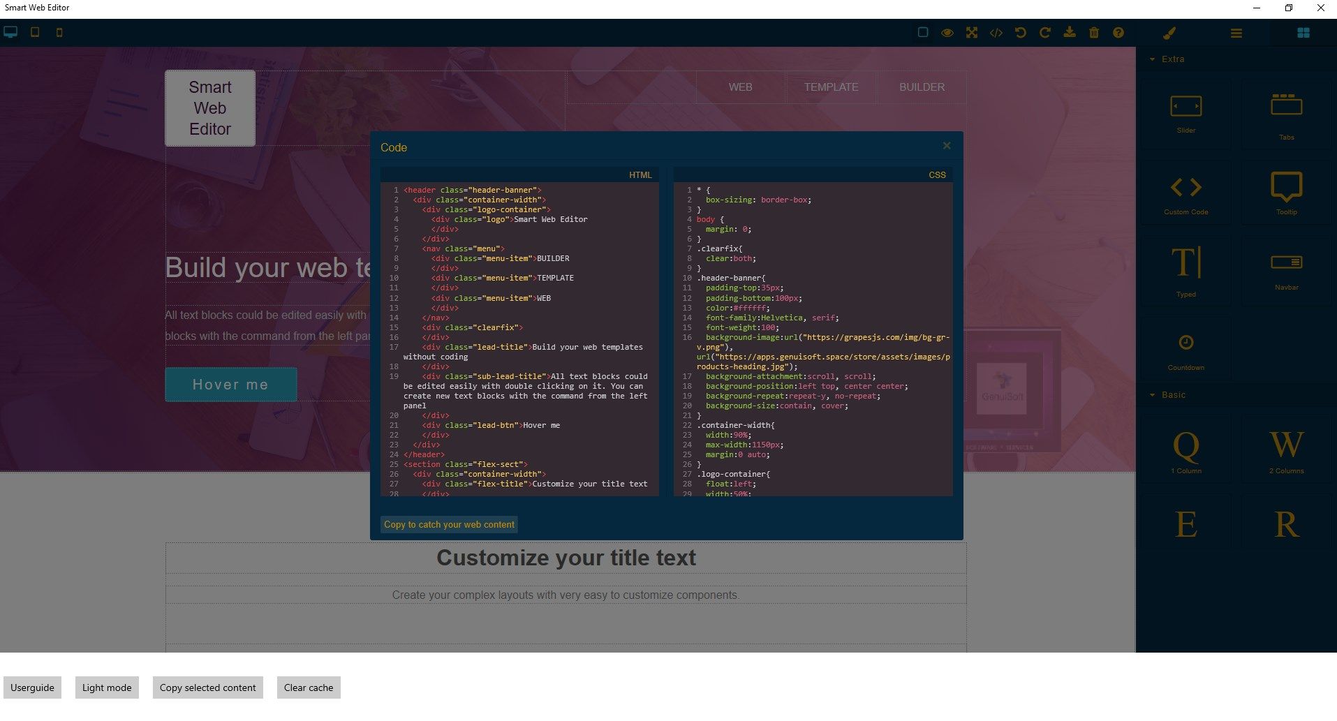 Retreive the complete HTML & CSS code for your web content