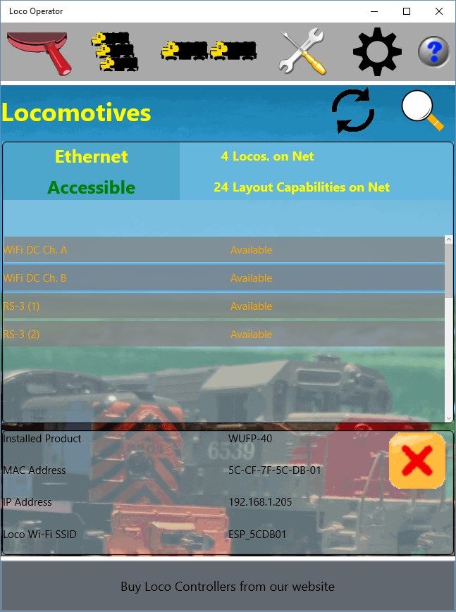 Scan your network to detect your locomotives, they are recorded in your local database. Current availability is shown. Scan again to detect new locos. Select from the list and view details (Installed WifiTrax controller product, MAC Address, IP Address and Loco's Wi-Fi access point SSID). Delete locos from you database if they are no longer present. This screen also scans for layout controllers such as switch machines and power.