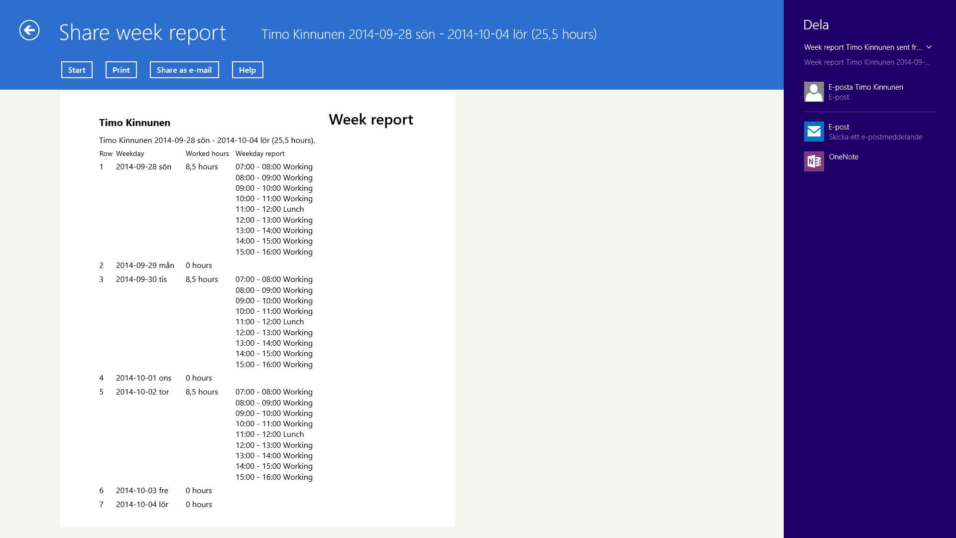 Share week report as e-mail using Windows E-Mail.