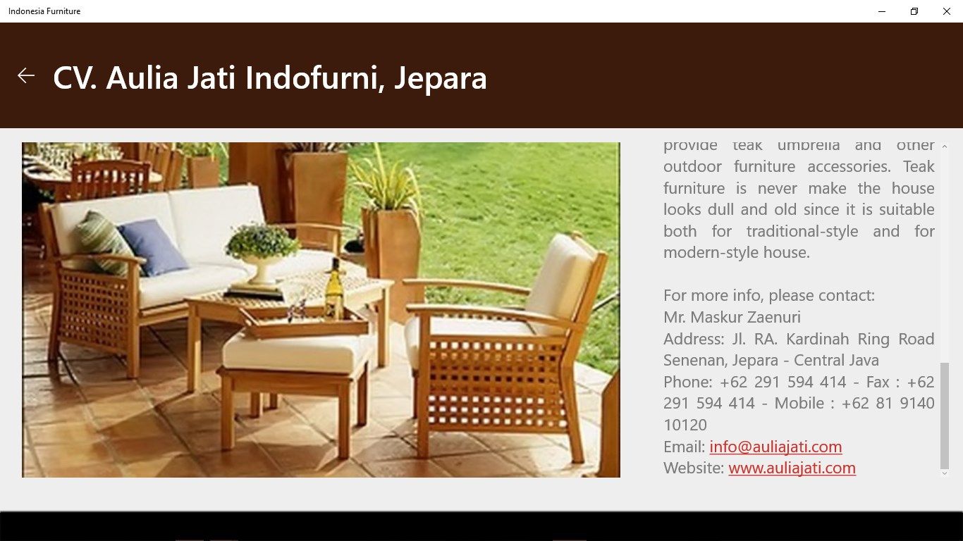 CV. Aulia Jati Indofurni, is one of our main customer. We can connect and get more information of theirs products by clicking the menu of CV. Aulia Jati Indofurni.