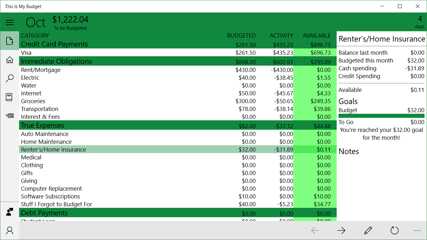 Monthly budget with category detail pane