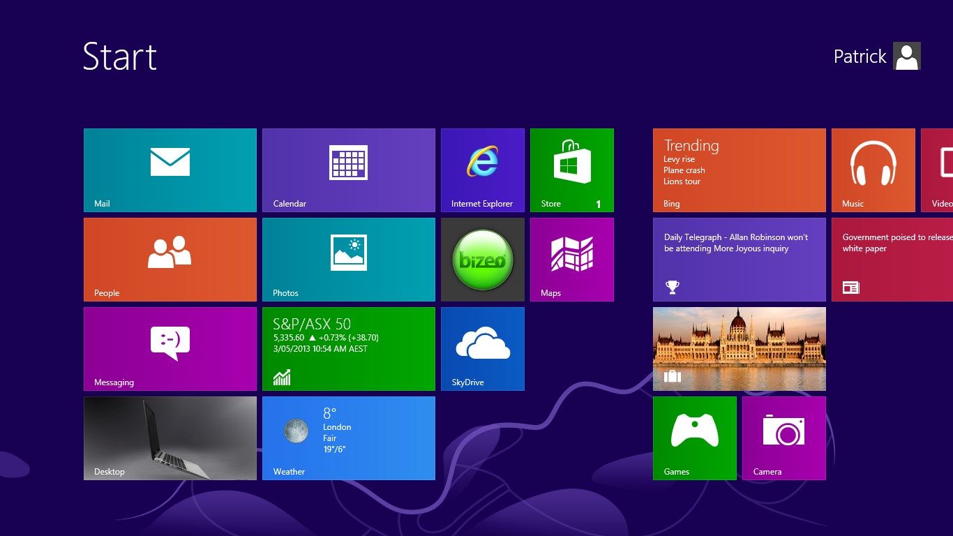 Bizeo's status is fed directly to a live tile on your Windows 8 Start screen.